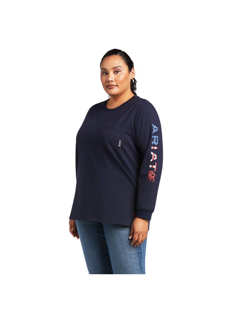 Chemises Ariat FR Stretch Logo Bleu Marine Femme | UUQ-84936923