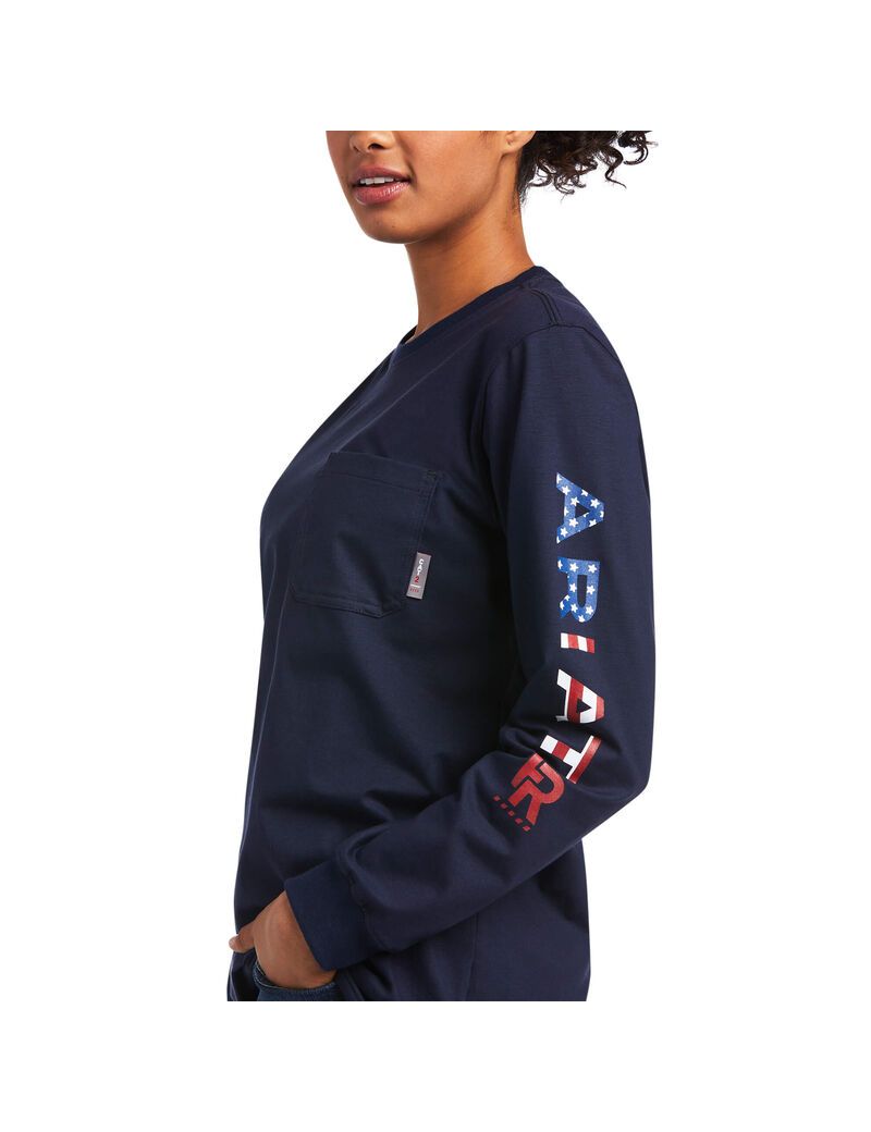 Chemises Ariat FR Stretch Logo Bleu Marine Femme | UUQ-84936923