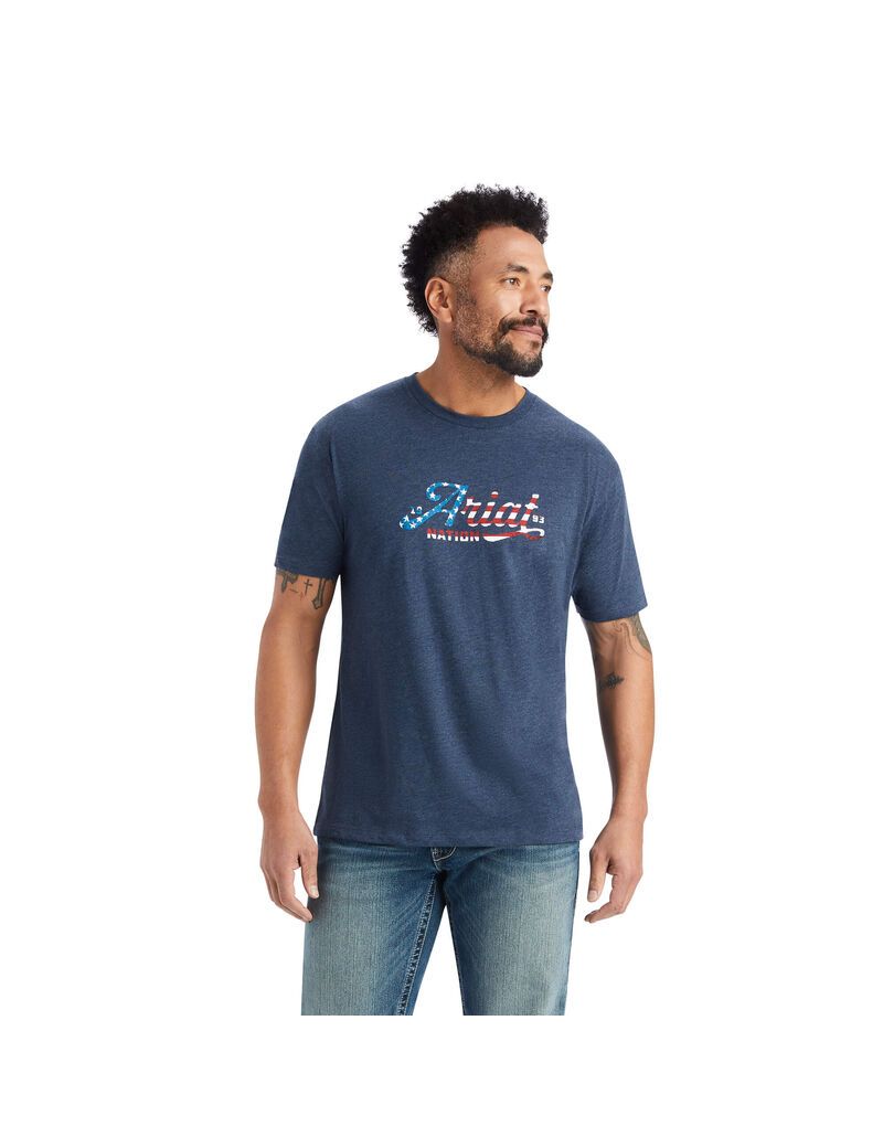 T Shirts Ariat Script Flag Bleu Marine Homme | GKC-38670326