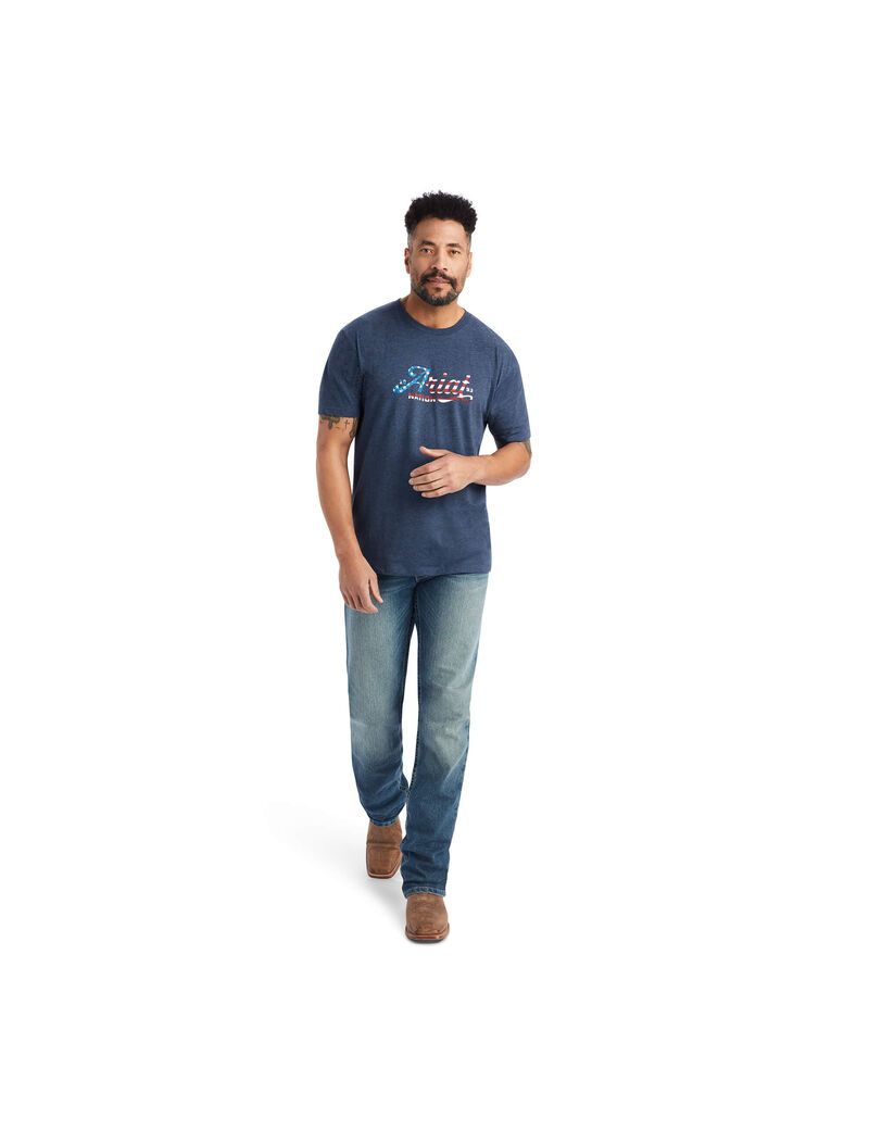 T Shirts Ariat Script Flag Bleu Marine Homme | GKC-38670326