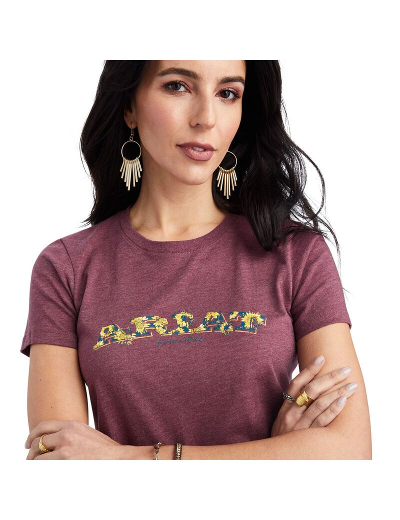 Hauts Ariat Floral Lettres Tee Bordeaux Femme | AJK-52812031