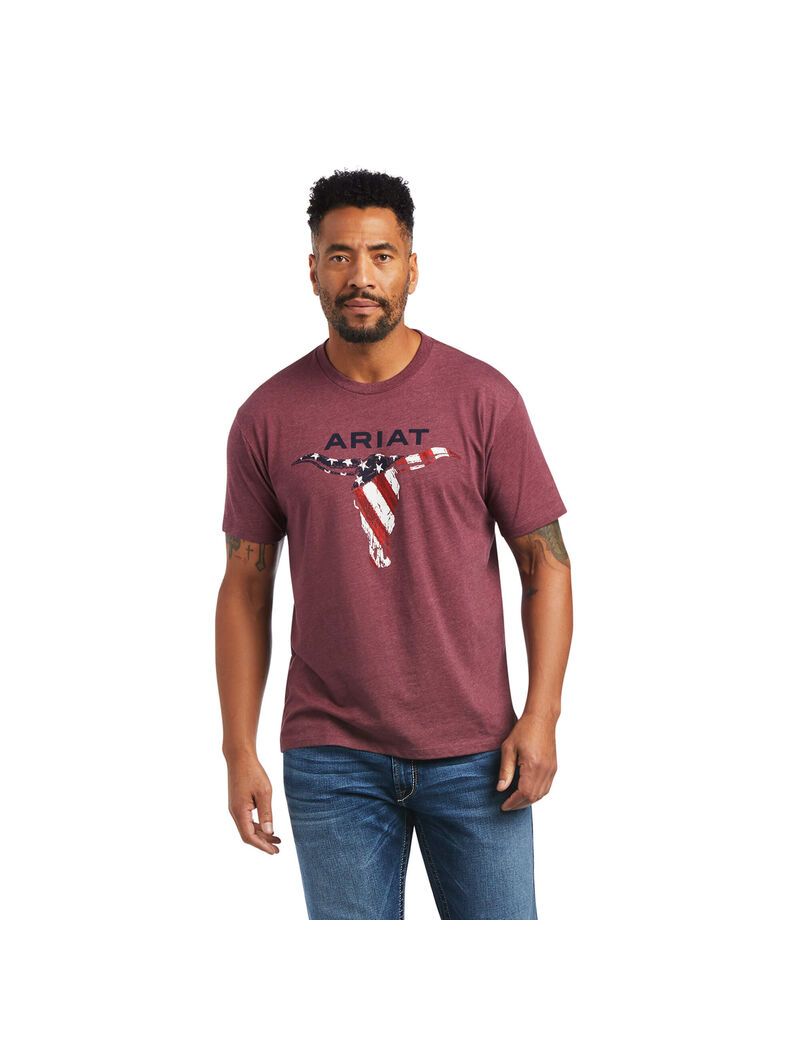 T Shirts Ariat Steer Skull USA Bordeaux Homme | TYV-85025691