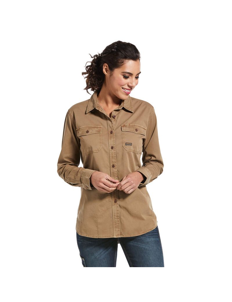 Vêtements De Travail Ariat Rebar Washed Twill Travail Shirts Kaki Femme | CZJ-71444778