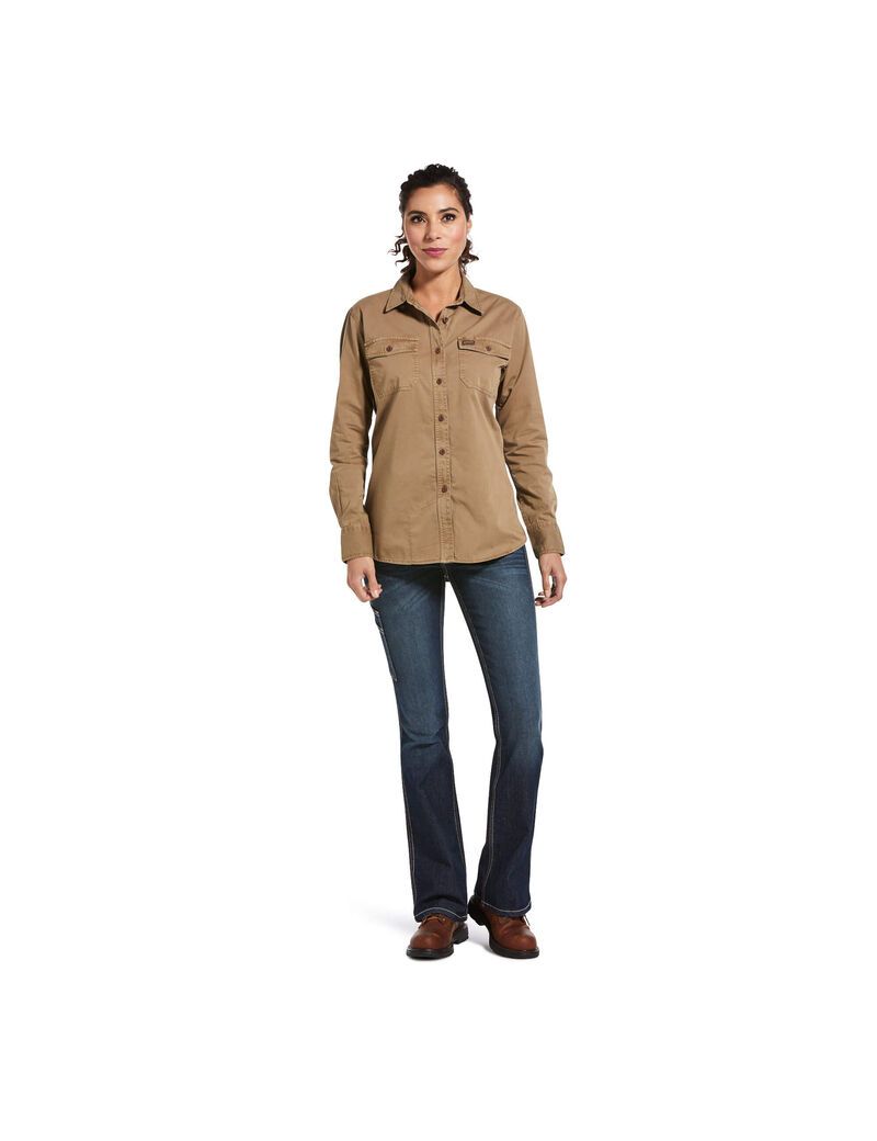 Vêtements De Travail Ariat Rebar Washed Twill Travail Shirts Kaki Femme | CZJ-71444778