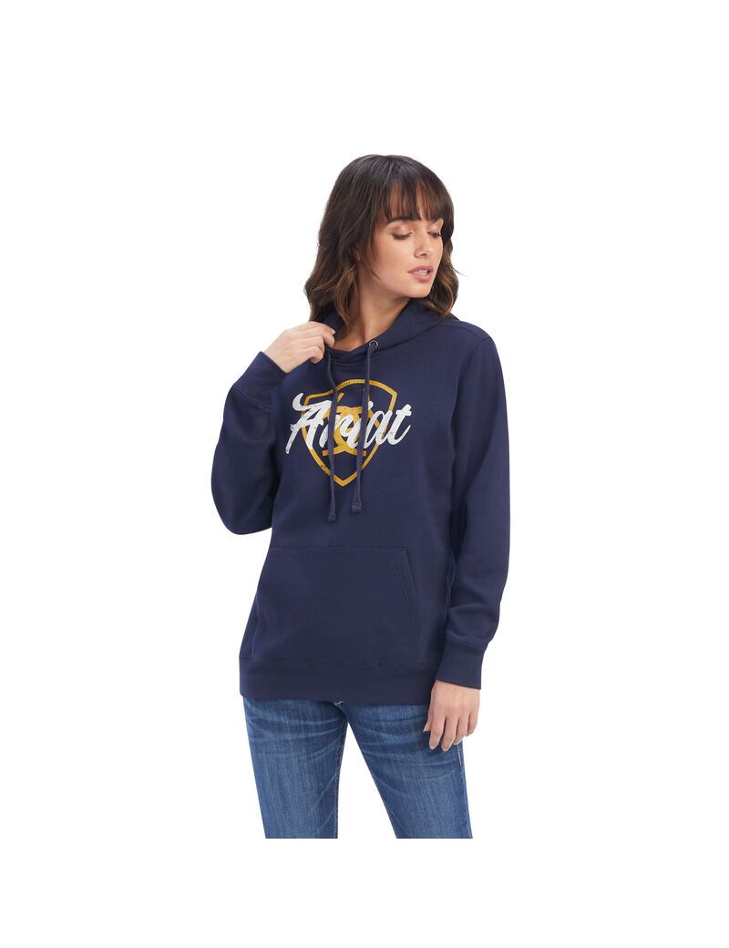 Sweat à Capuche Ariat REAL Shield Logo Bleu Marine Femme | NFU-99868900