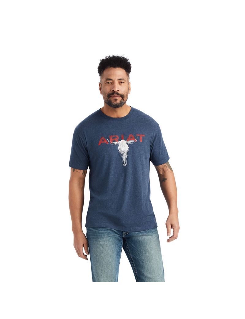 T Shirts Ariat Streak Skull Bleu Marine Homme | MZB-18493089