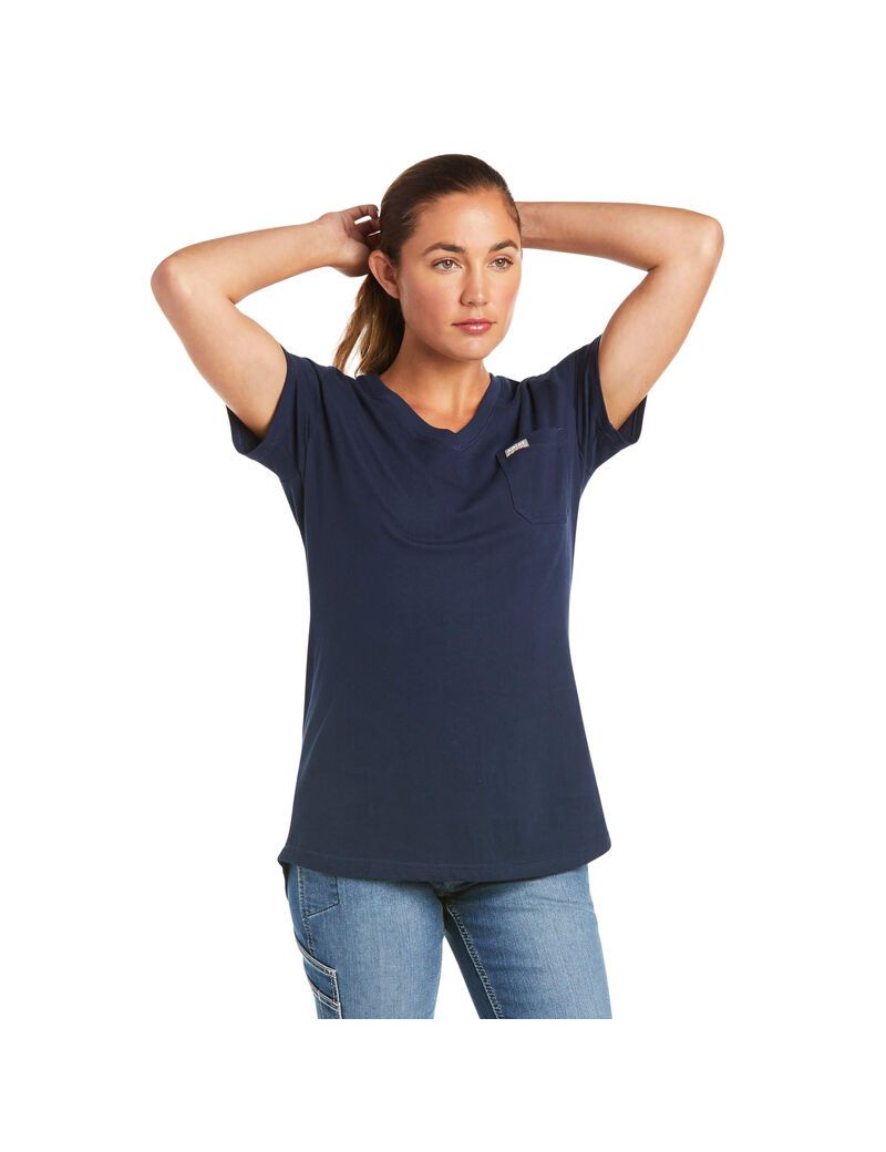 Vêtements De Travail Ariat Rebar Coton Strong V-Neck Top Bleu Marine Femme | RFL-48133274