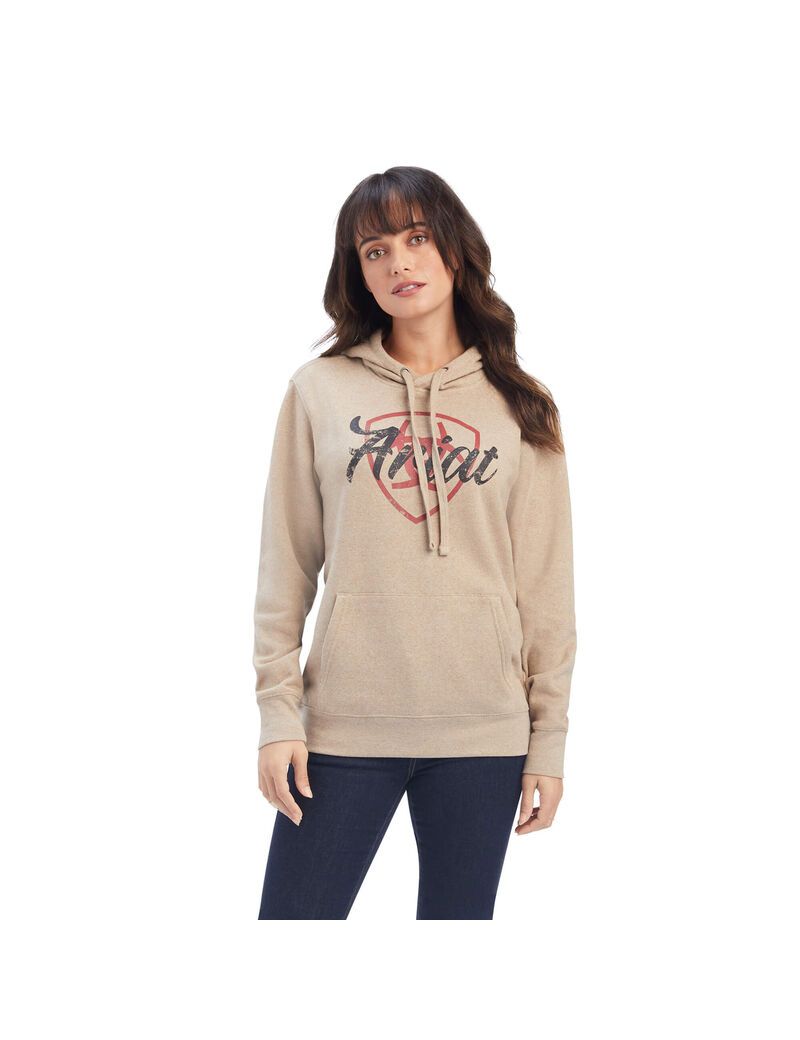 Sweat à Capuche Ariat REAL Shield Logo Beige Foncé Femme | IKL-01945393