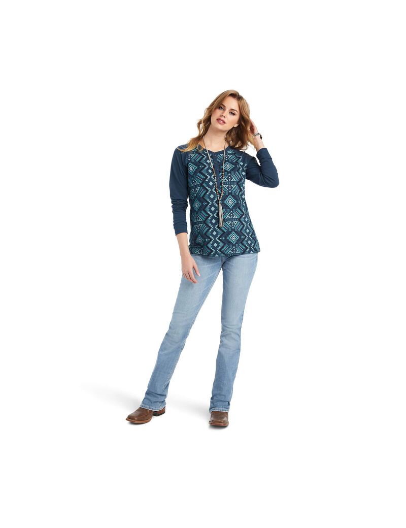 Hauts Ariat REAL Printed Henley Multicolore Bleu Marine Femme | PTI-46403047