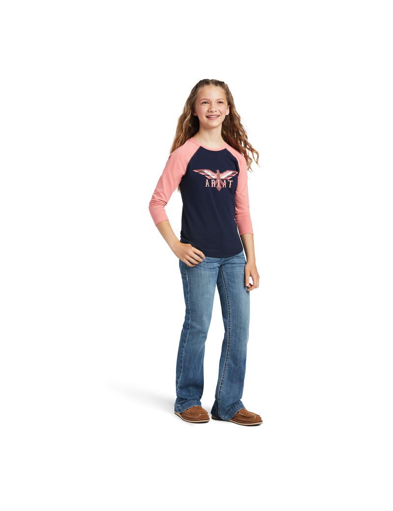 T Shirts Ariat REAL Firebird BB LS Tee Bleu Marine Corail Enfant | MLC-01809565