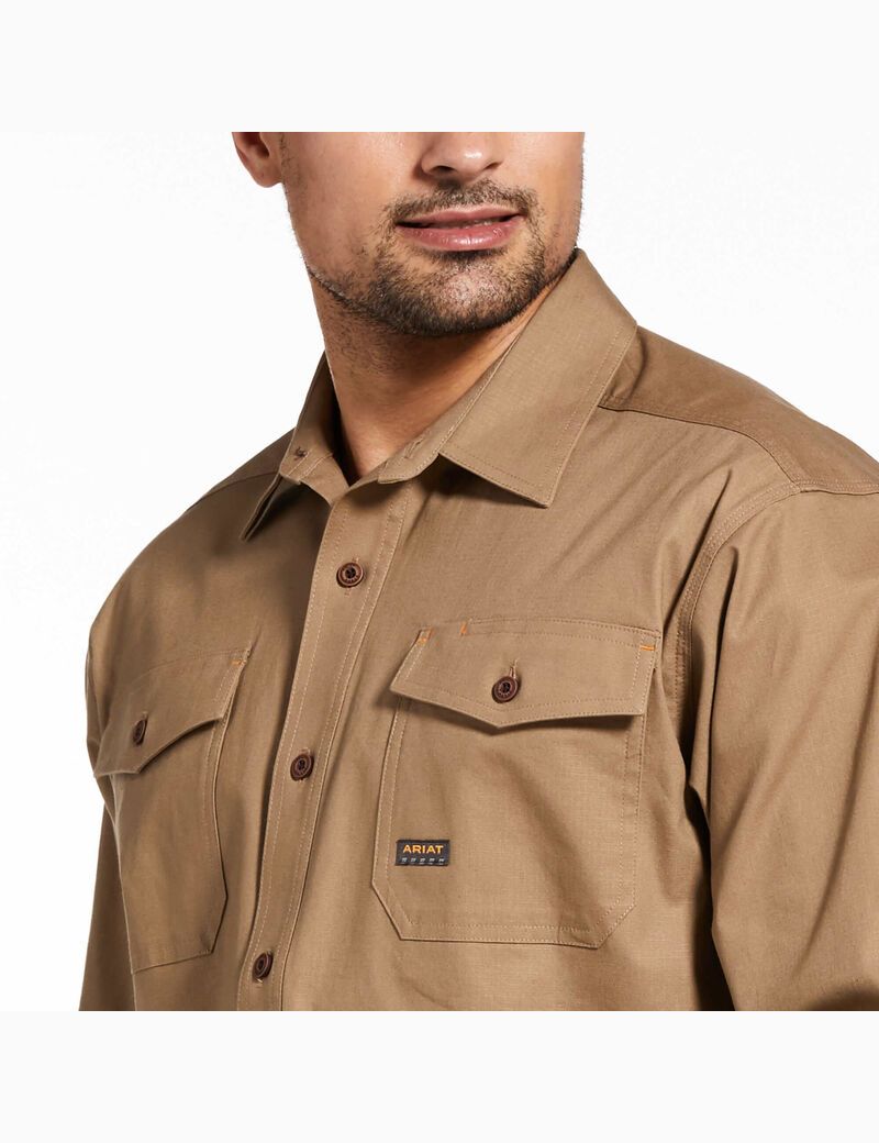 Vêtements De Travail Ariat Rebar Made Tough DuraStretch Travail Shirts Kaki Homme | MJL-29707528