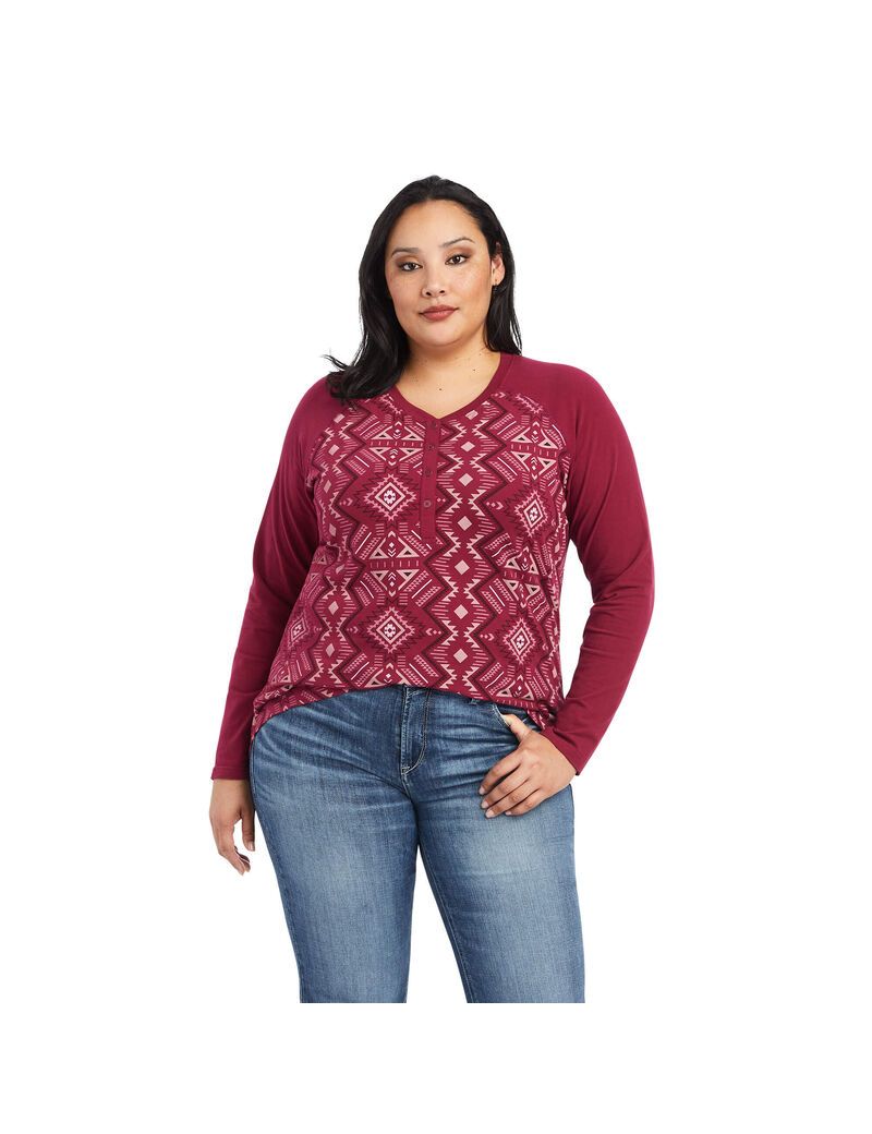 Hauts Ariat REAL Printed Henley Multicolore Rouge Femme | ZRX-88697145