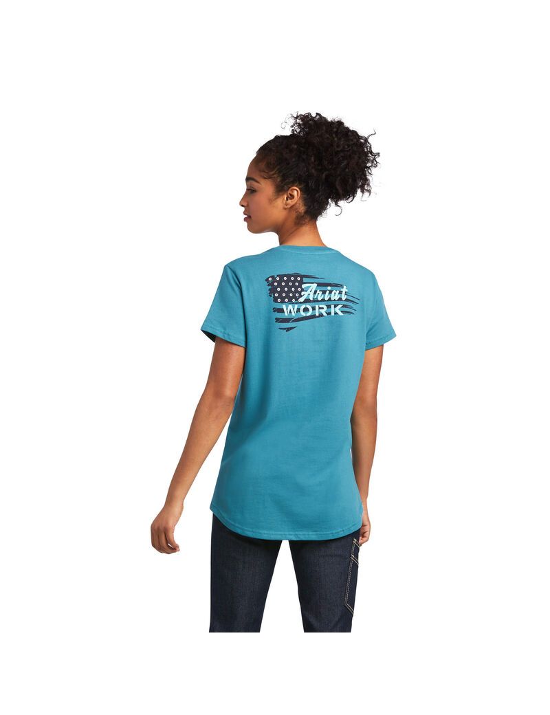 Vêtements De Travail Ariat Rebar Coton Strong Flag Graphique T Shirts Bleu Femme | TZP-85867861